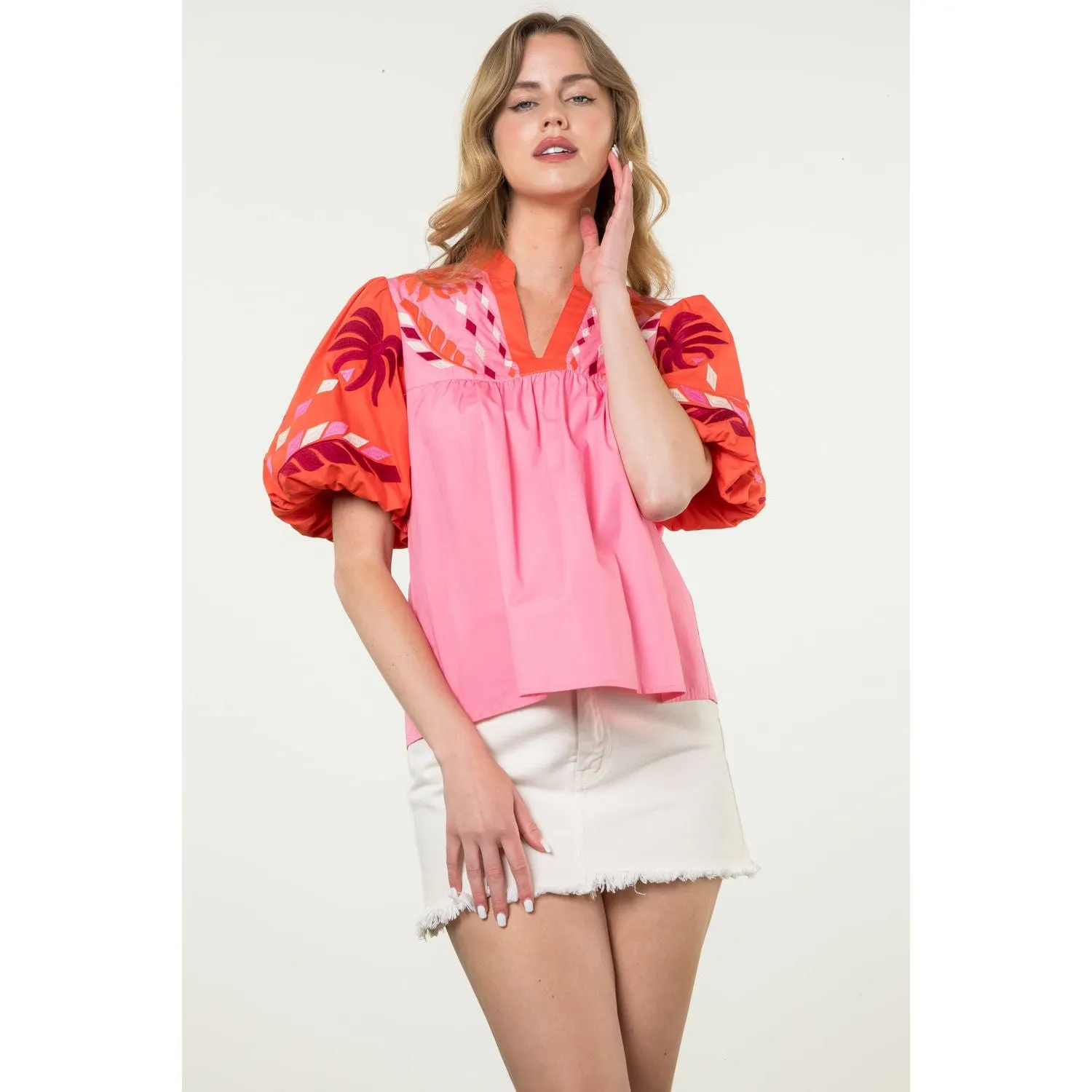 Estela Embroidered Detail Puff Sleeve Poplin THML Top