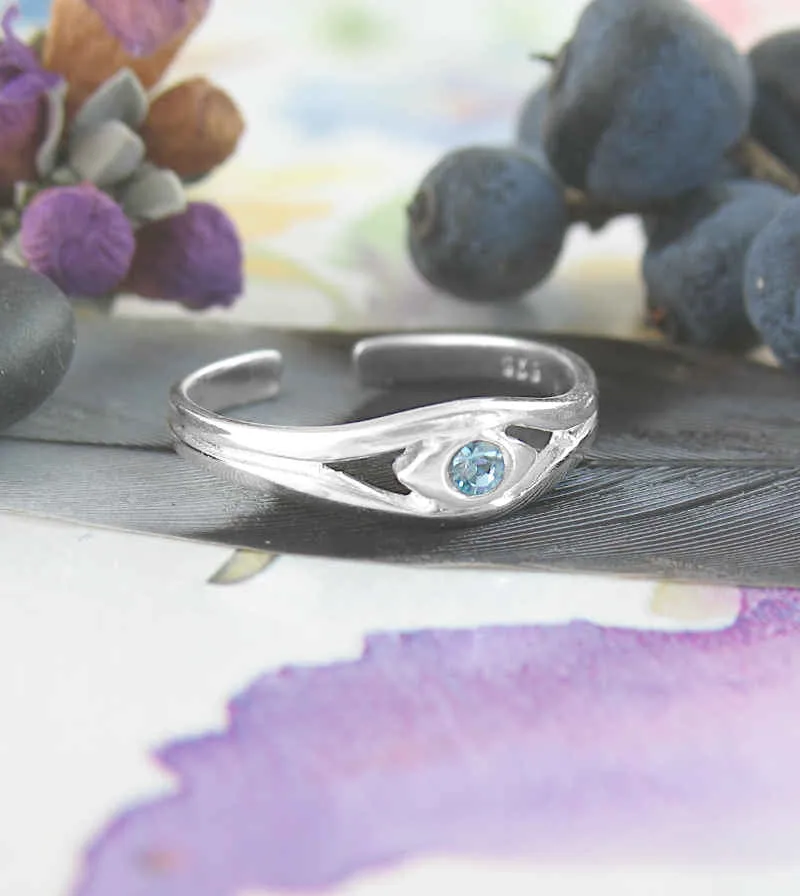 Evil Eye Toe Midi Ring with Aquamarine Crystal Glass, Adjustable