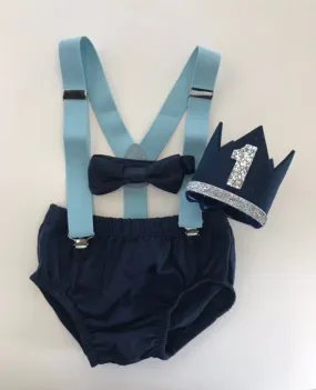 First Birthday Smash Cake Outfit - Navy Blue Diaper Cover, Aqua Suspender, Bowtie, and Birthday Crown