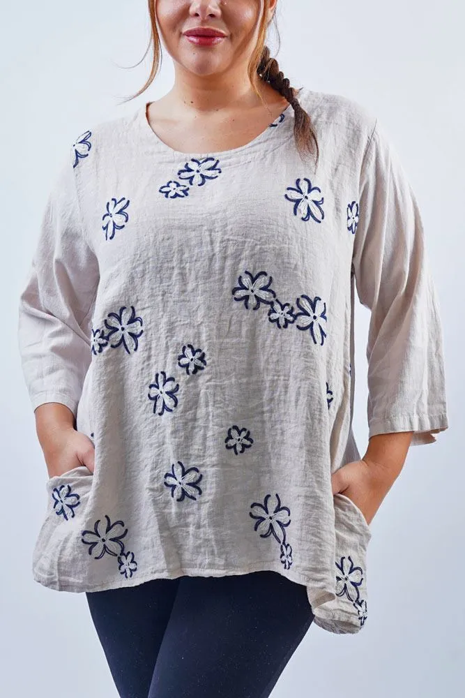 Floral Embroidery Pattern Pockets Top