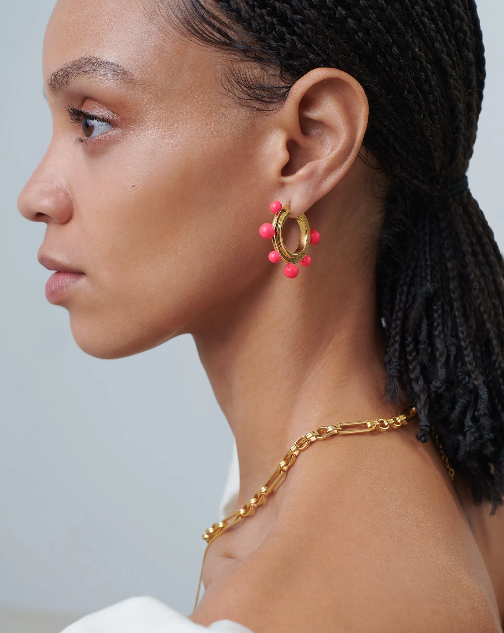 Good Vibes Neon Enamel Sphere Medium Hoop Earrings | 18ct Gold Plated/Hot Pink