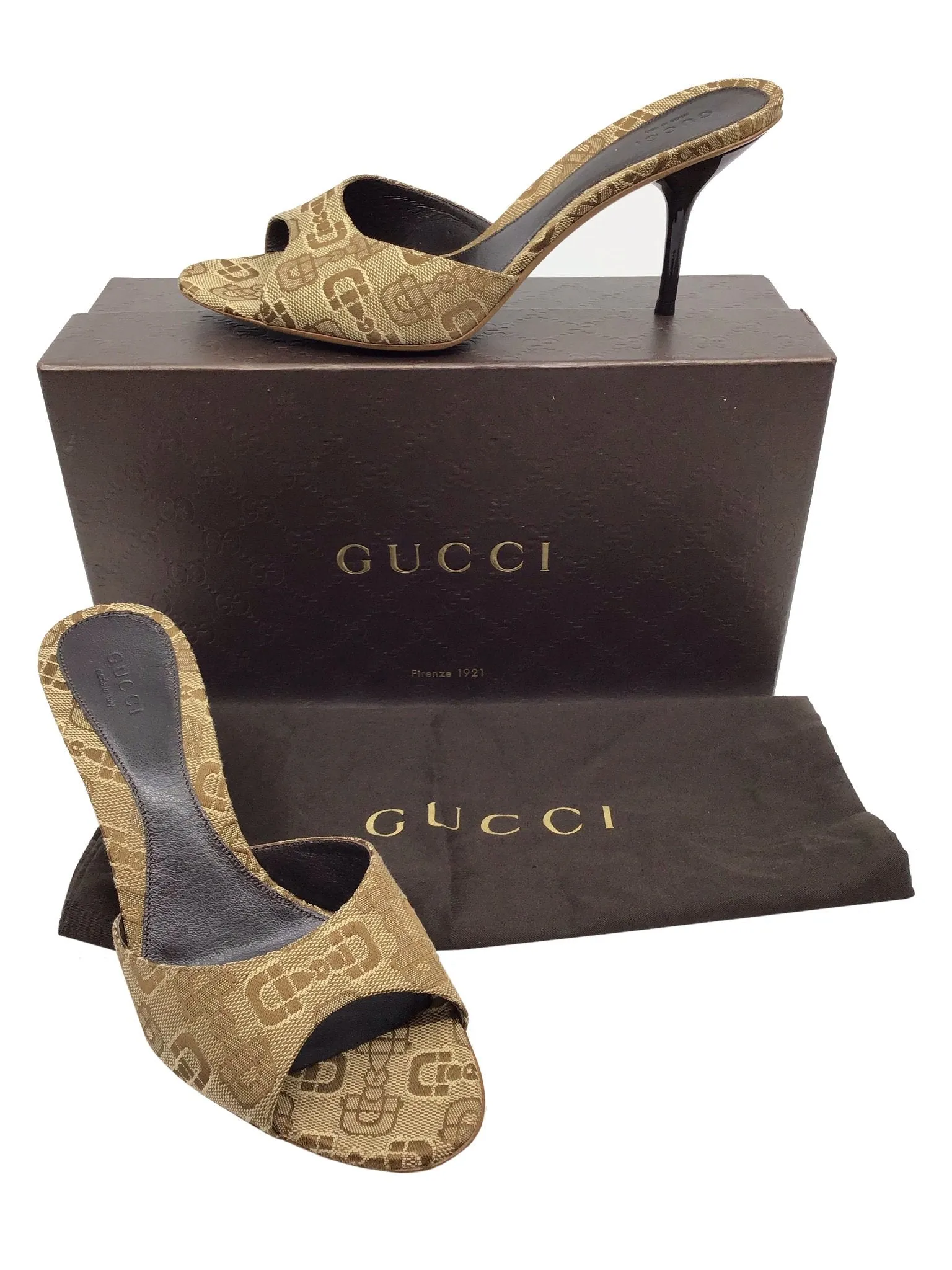 Gucci Horsebit Print Canvas Slide Sandals Size 7.5