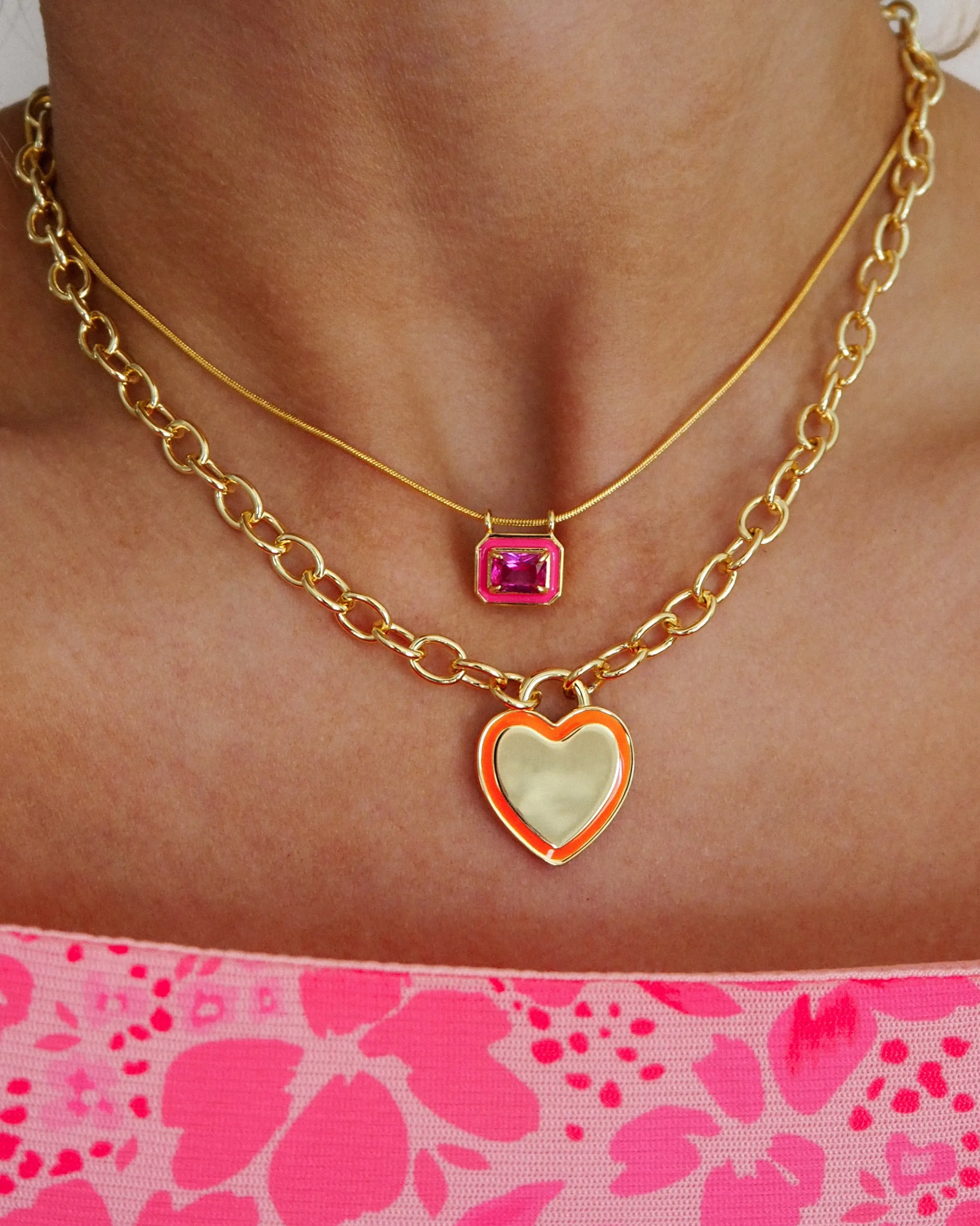 Heart Pendant Necklace- Neon Orange- Gold