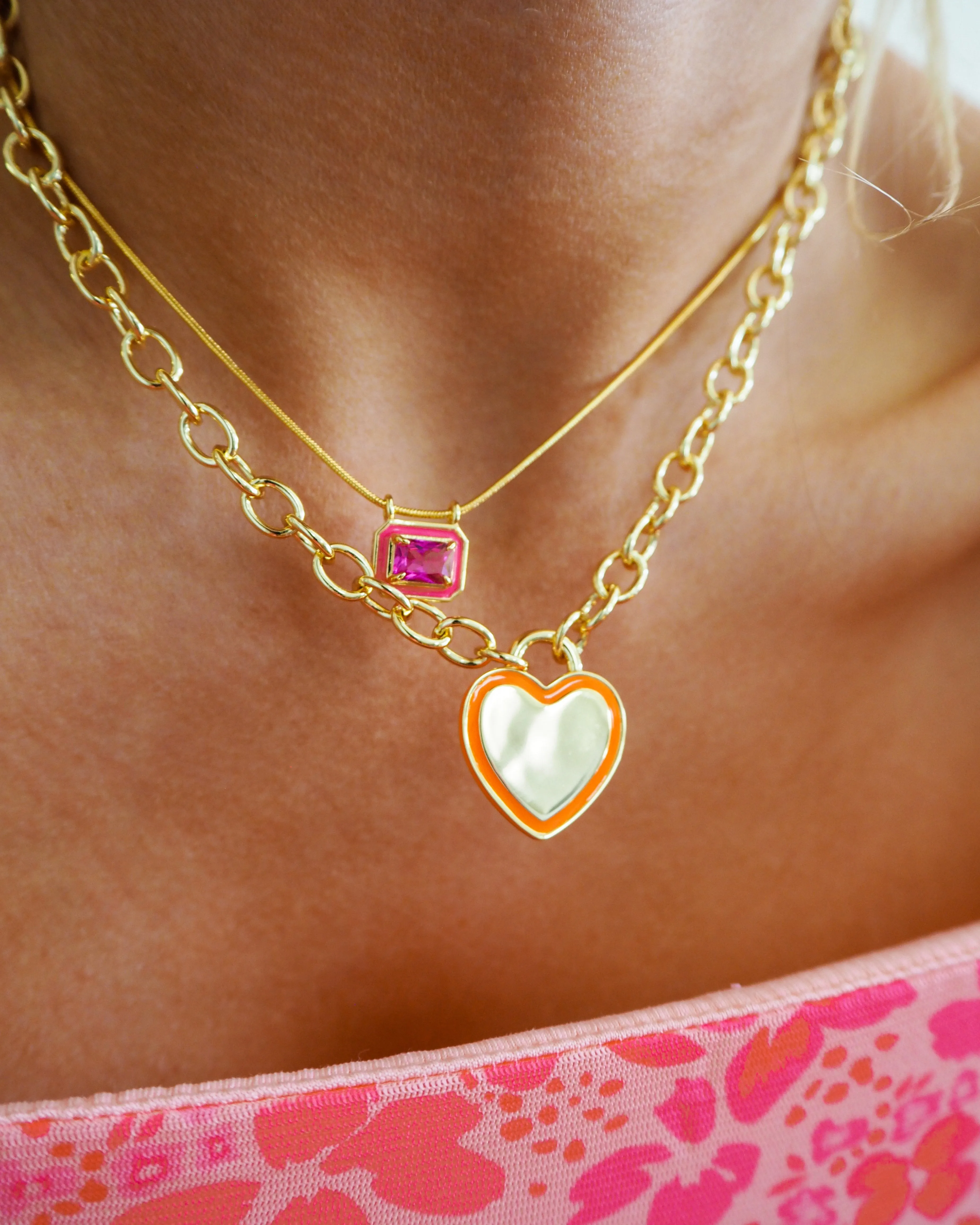 Heart Pendant Necklace- Neon Orange- Gold