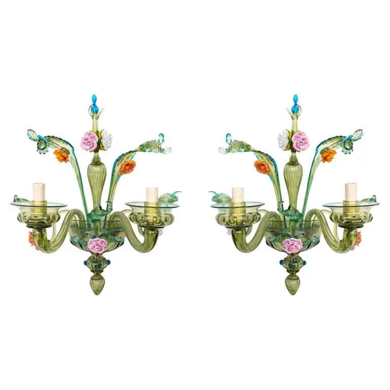 Italian Murano Floral Glass Sconces, Pr