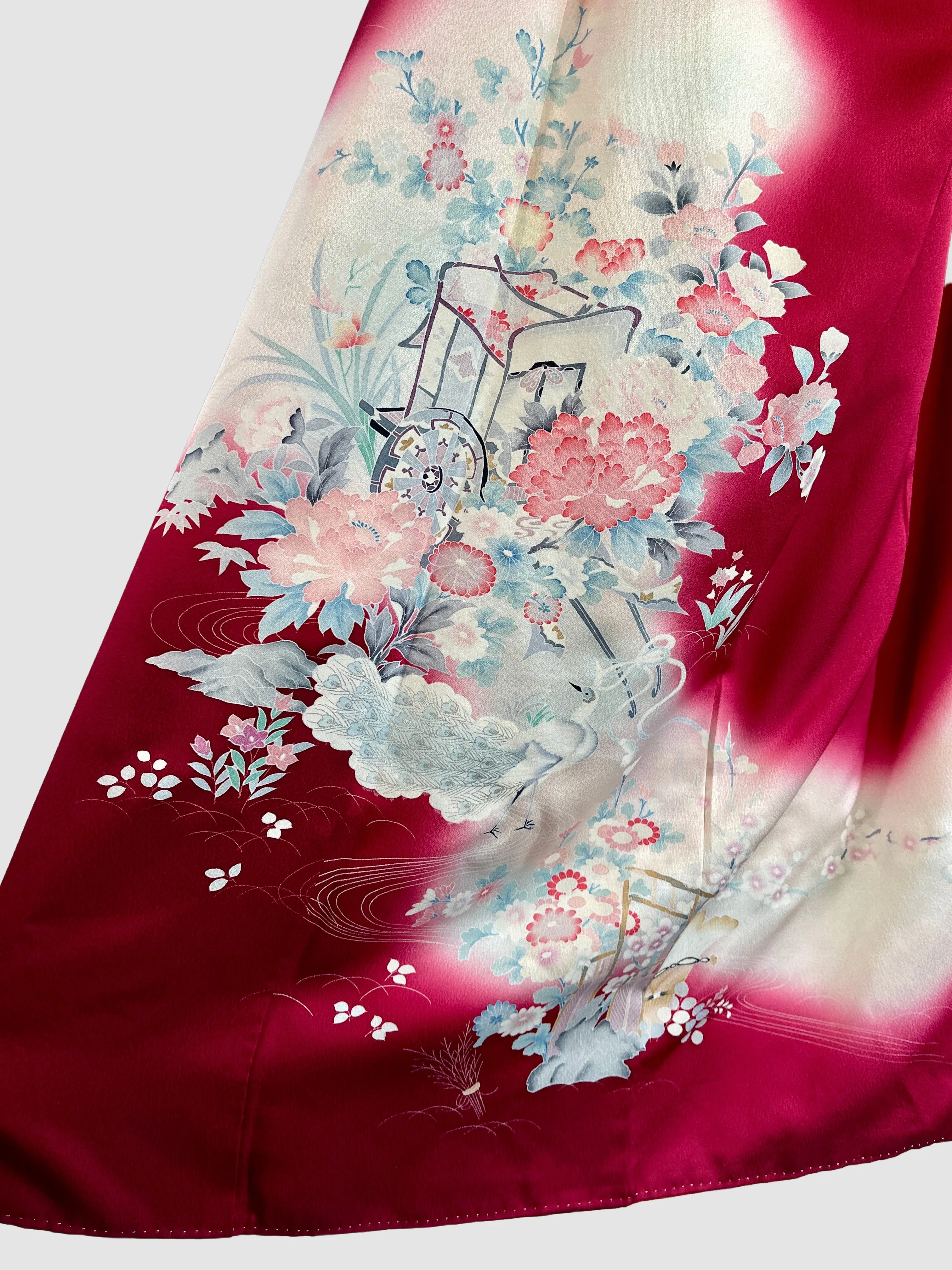 JAPANESE GARDEN 70s Traditional Kimono Floral Peacock Print  Open Size