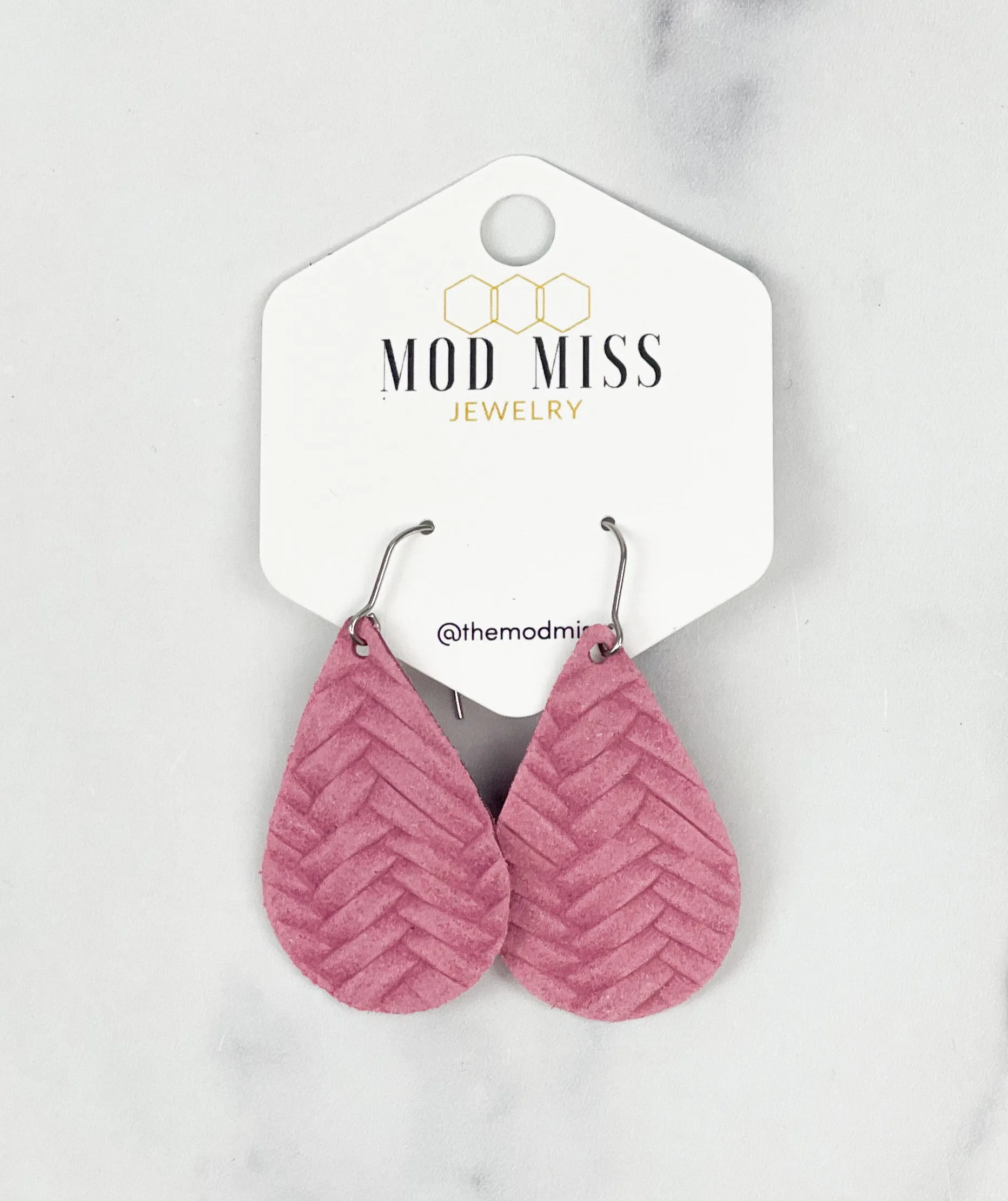 Leather Teardrop Earring Weaved Rose Pink