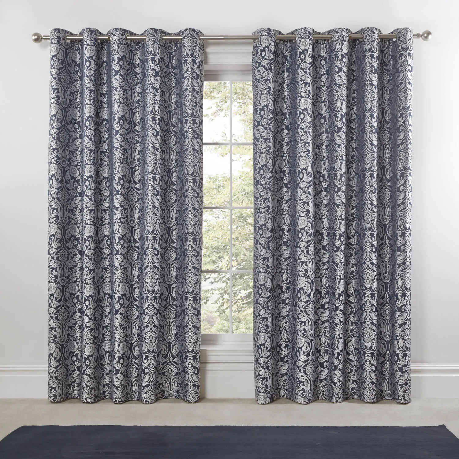 Lined Eyelet Jacquard Curtains - Navy