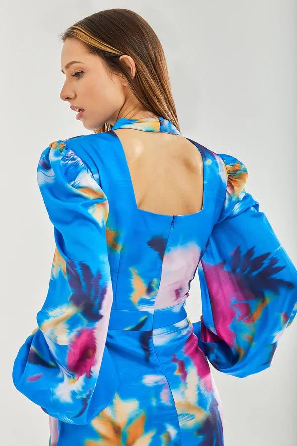 Liquorish Blue Floral Satin Cut Out Back Midi Dress