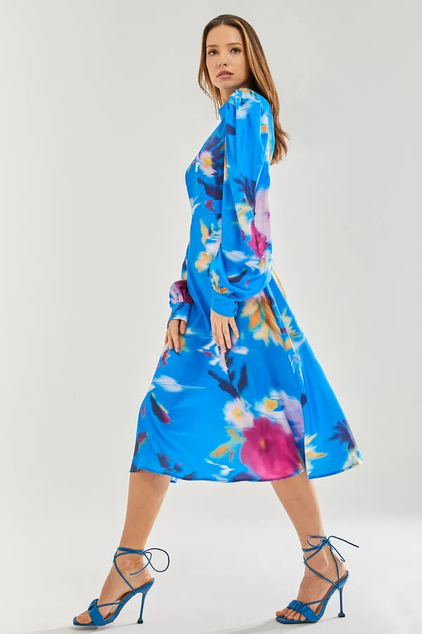 Liquorish Blue Floral Satin Cut Out Back Midi Dress