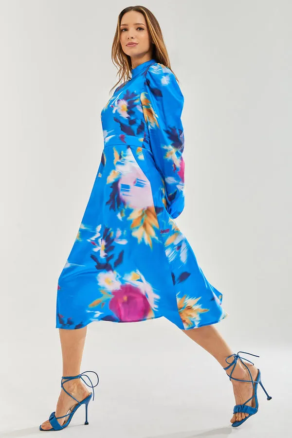 Liquorish Blue Floral Satin Cut Out Back Midi Dress