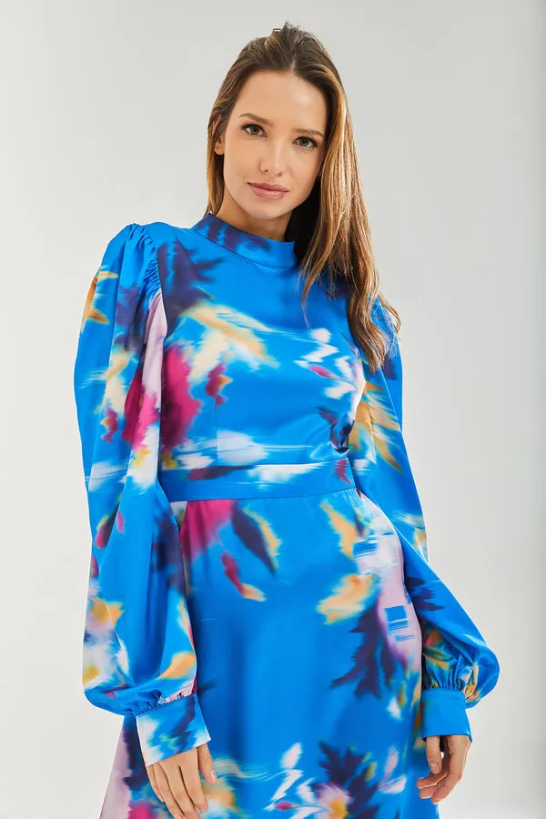 Liquorish Blue Floral Satin Cut Out Back Midi Dress