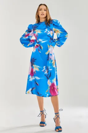 Liquorish Blue Floral Satin Cut Out Back Midi Dress