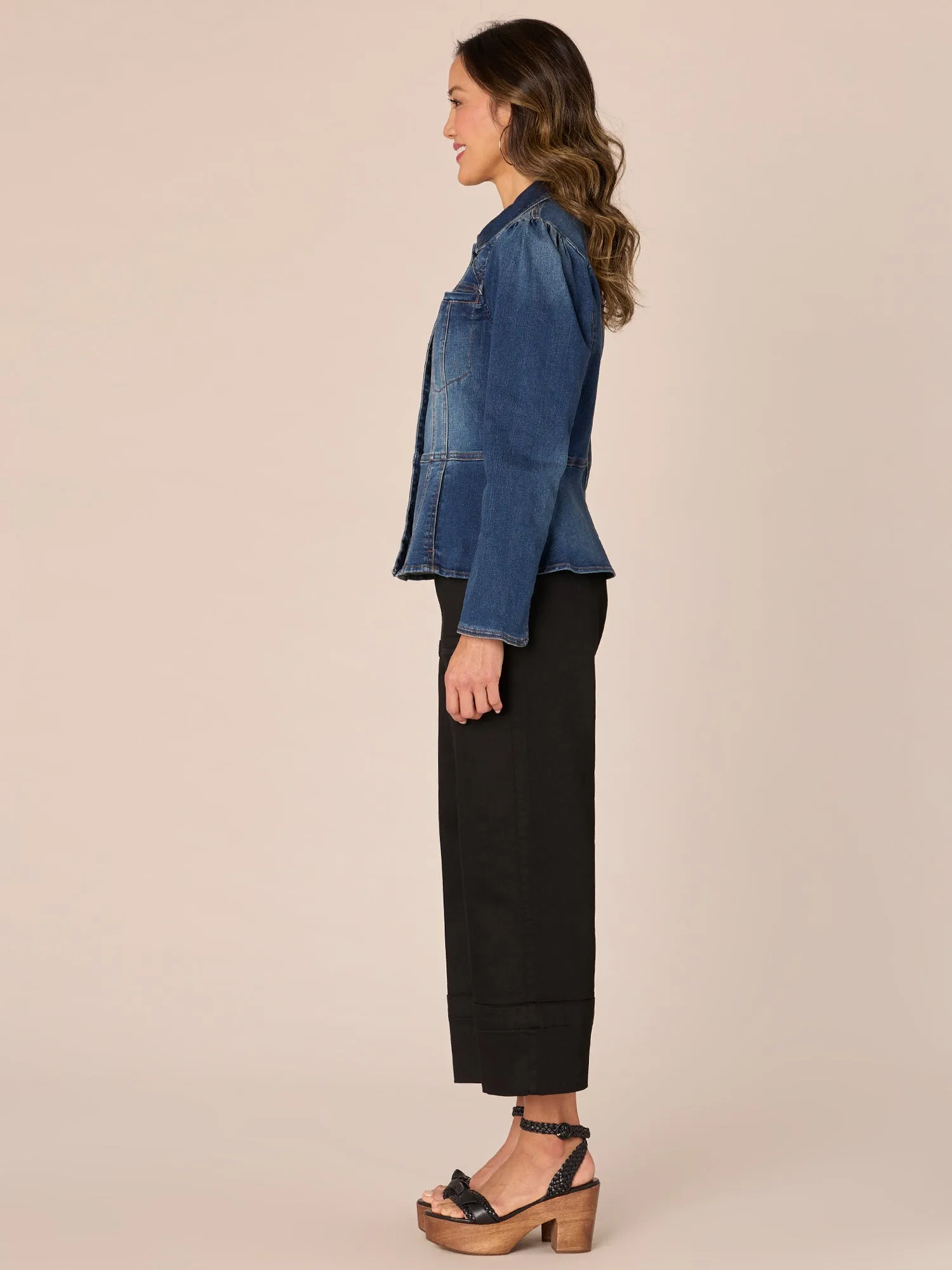 Long Puff Sleeve Patch Pocket Peplum Jacket with Hidden Snaps