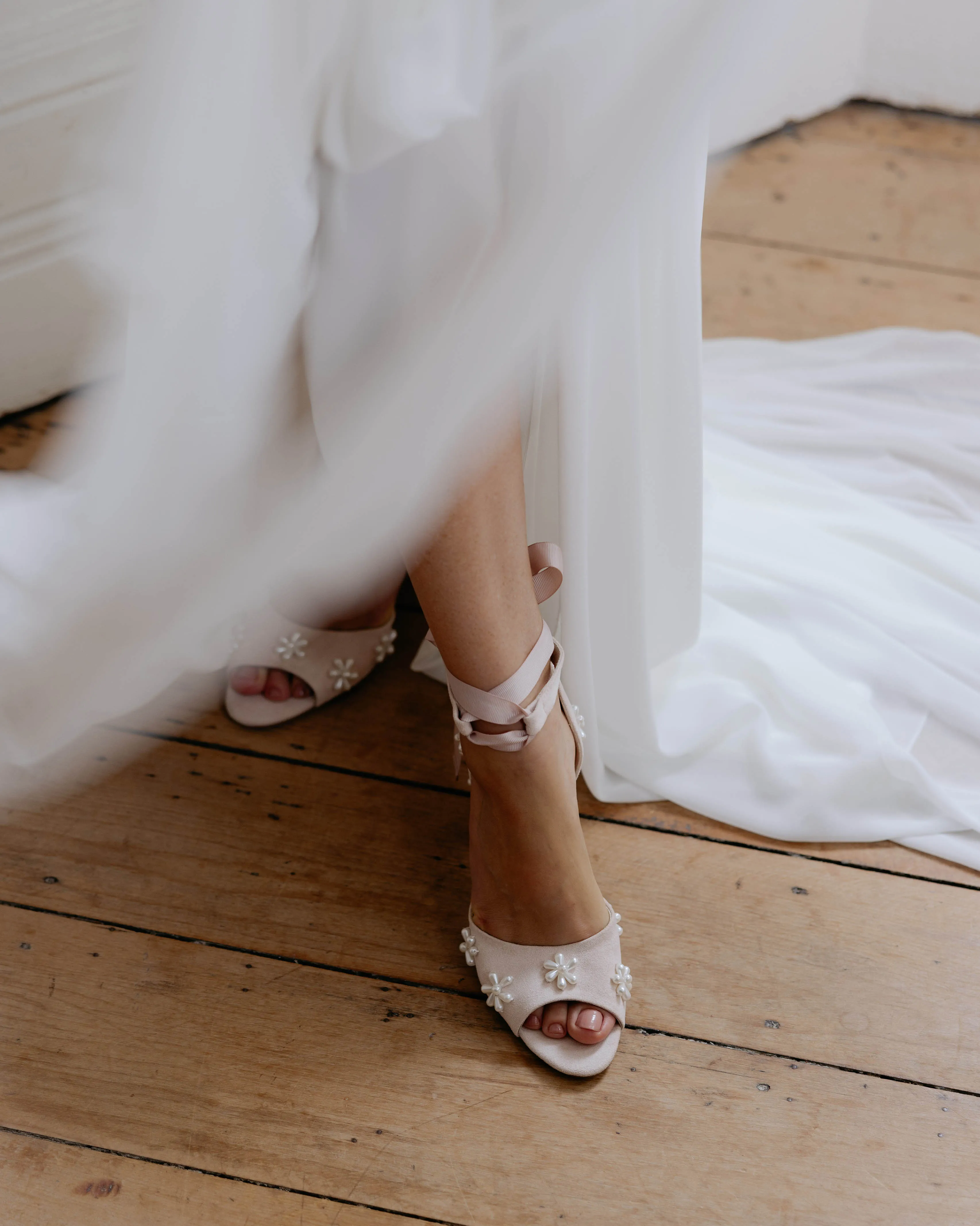 MELODY - PALE PINK FLOWER BRIDAL SHOES LOW BLOCK HEEL