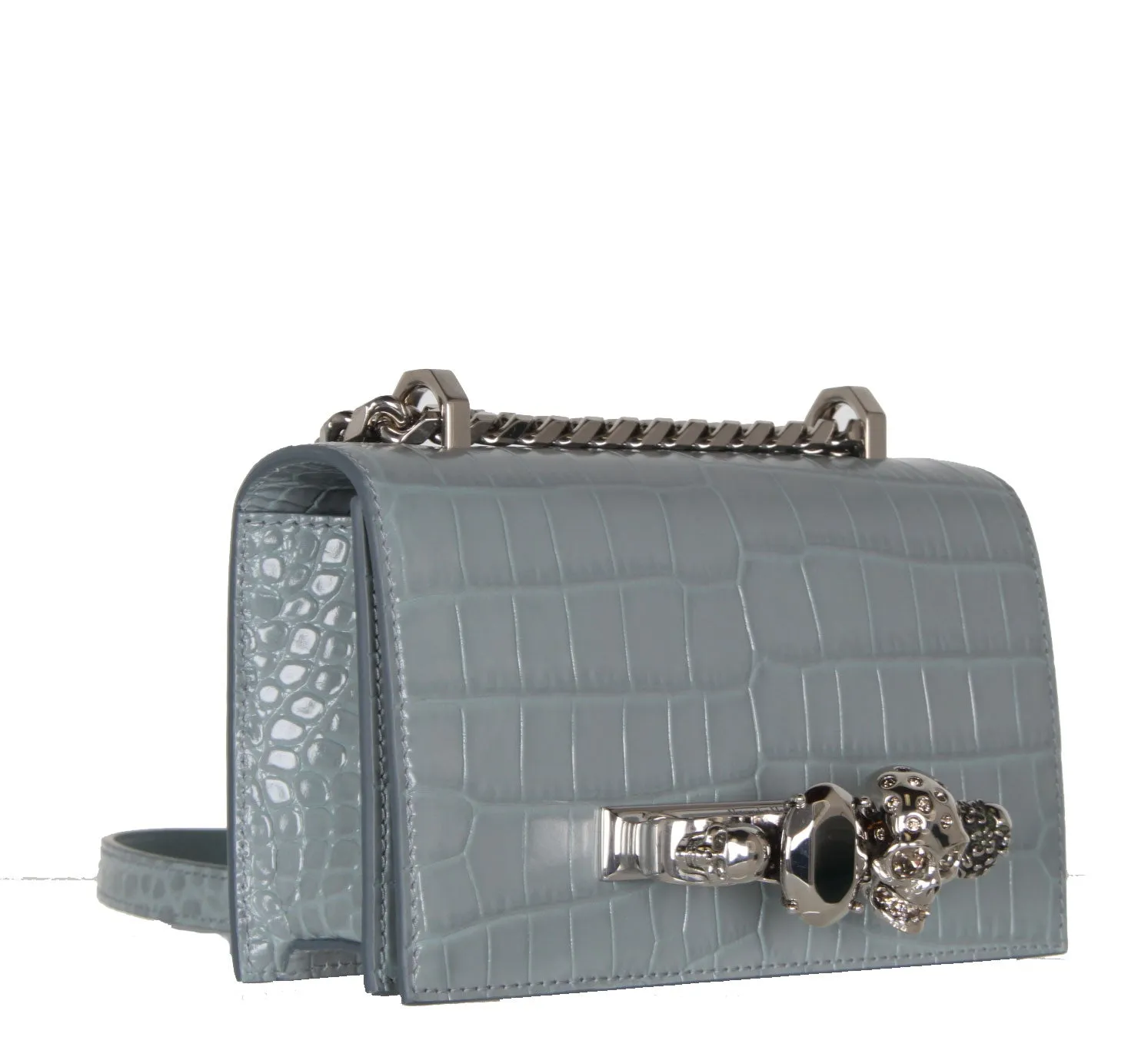 Mini Jewelled Satchel Croc, Blue/Grey