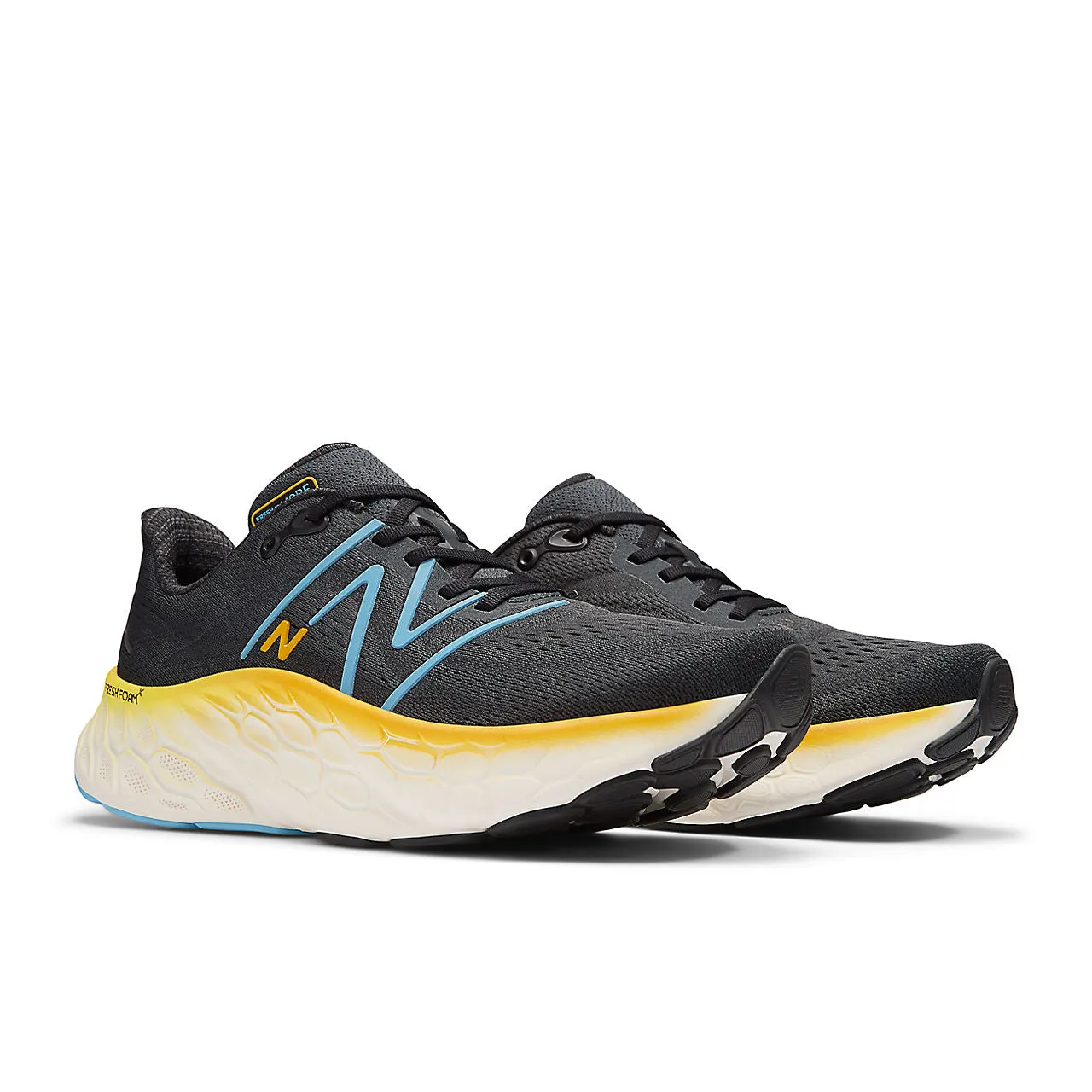 New Balance Fresh Foam More v4 (Mens) - Black with coastal blue and ginger lemon