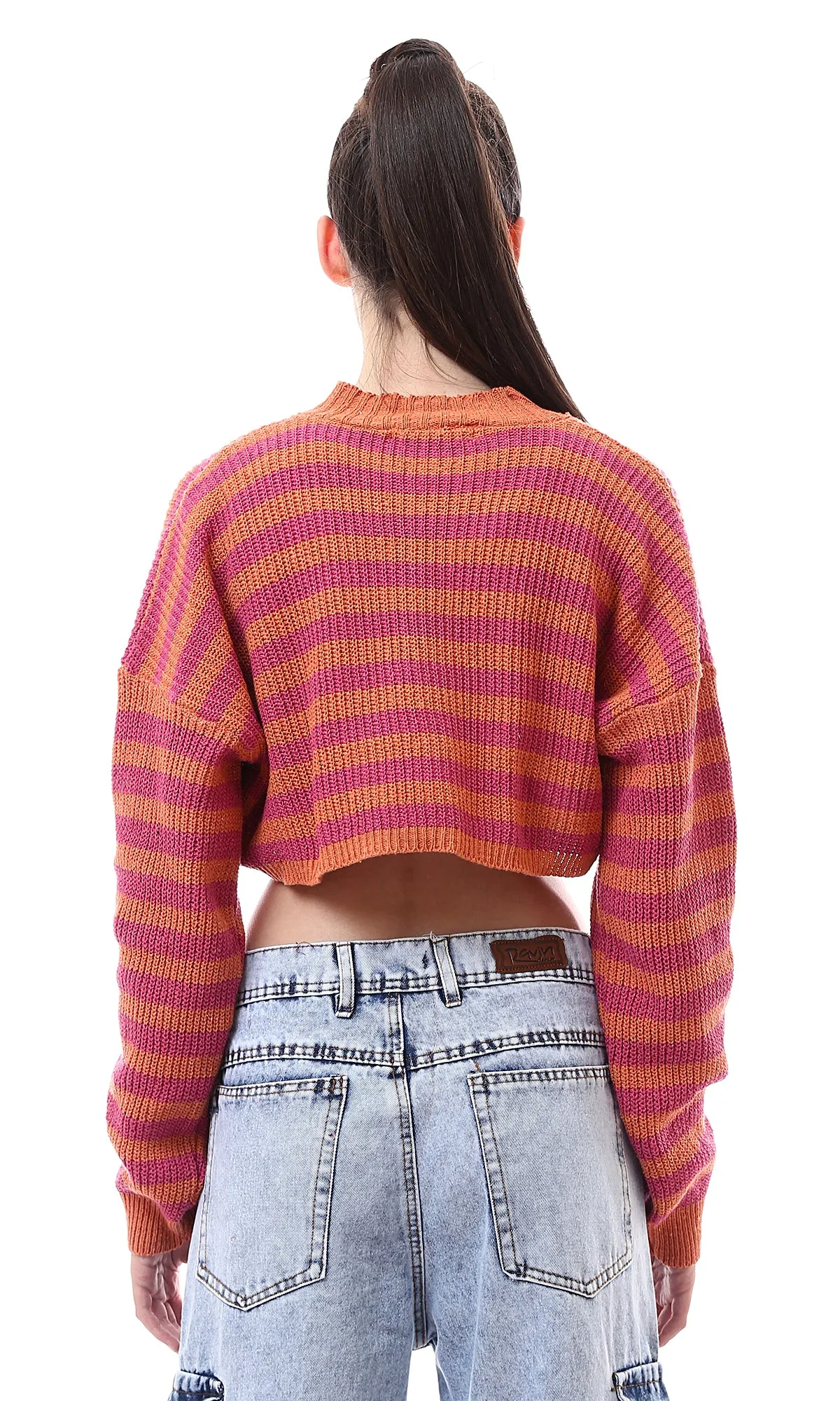 O172579 Mock Neck Winter Striped Cropped Pullover - Fuchsia & Orange