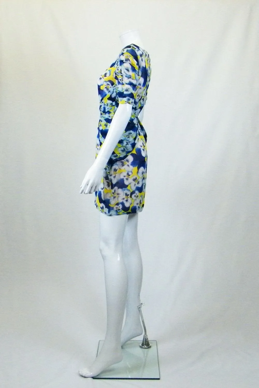 OLIVIA RUBIN Blue Yellow White Silk Pansy Print Mini Dress (UK 8)