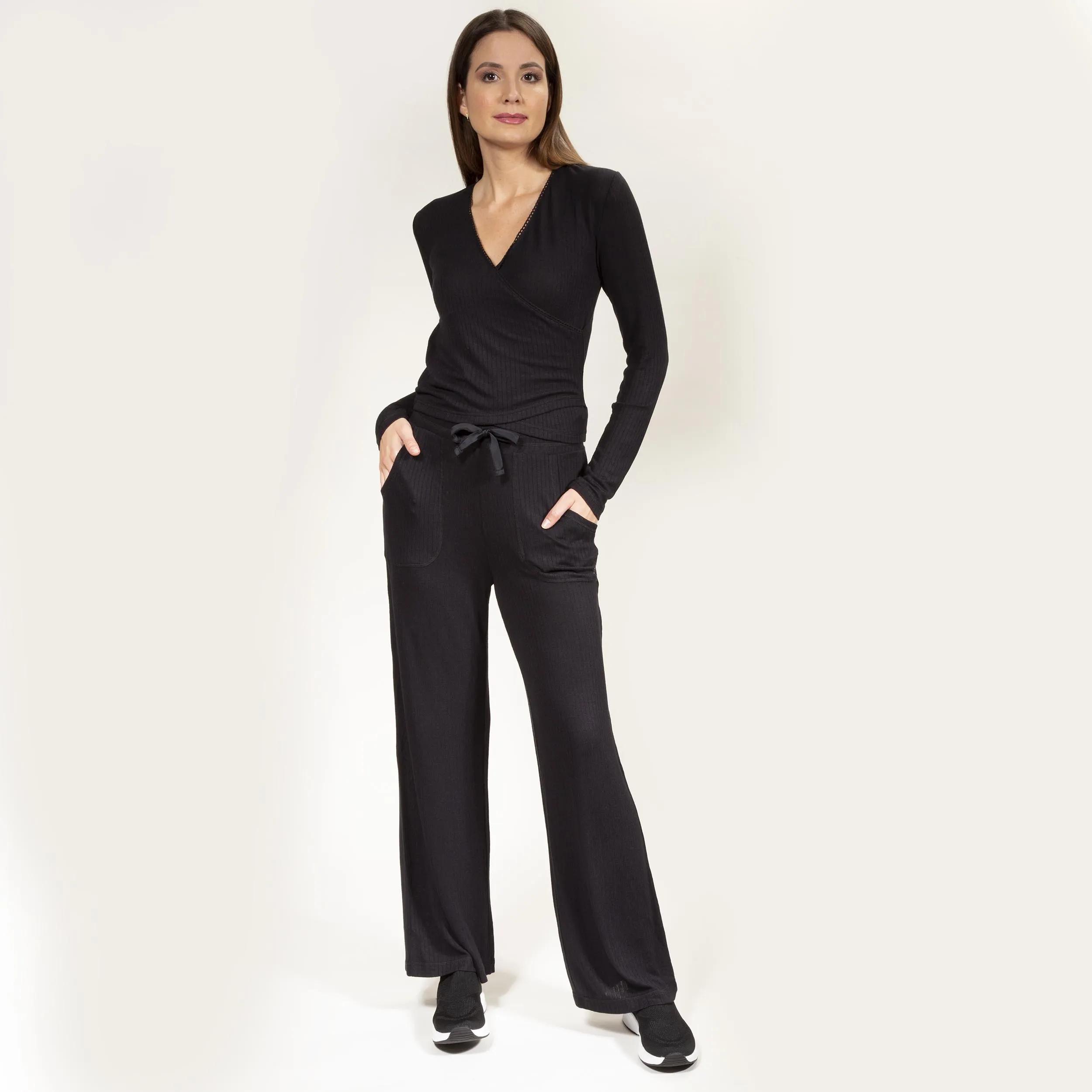 Pantalon large Femme maille ctelée Noir