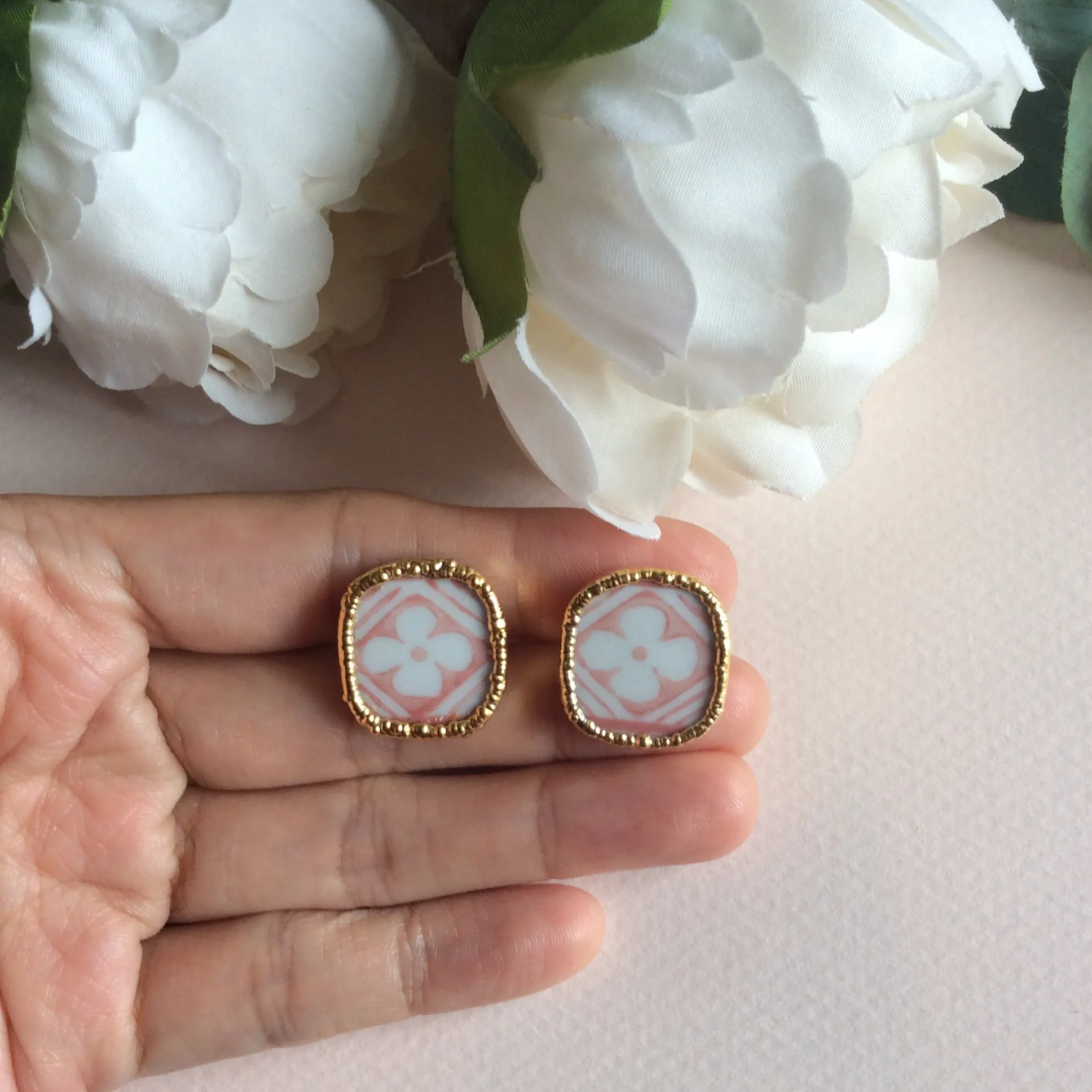 Pink Peranakan tile stud earrings