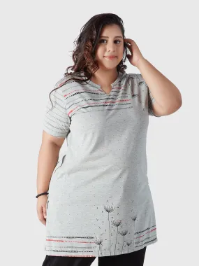 Plus Size Printed Long Tops For Women Half Sleeves - Grey