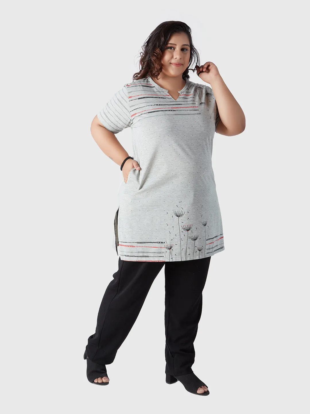 Plus Size Printed Long Tops For Women Half Sleeves - Grey