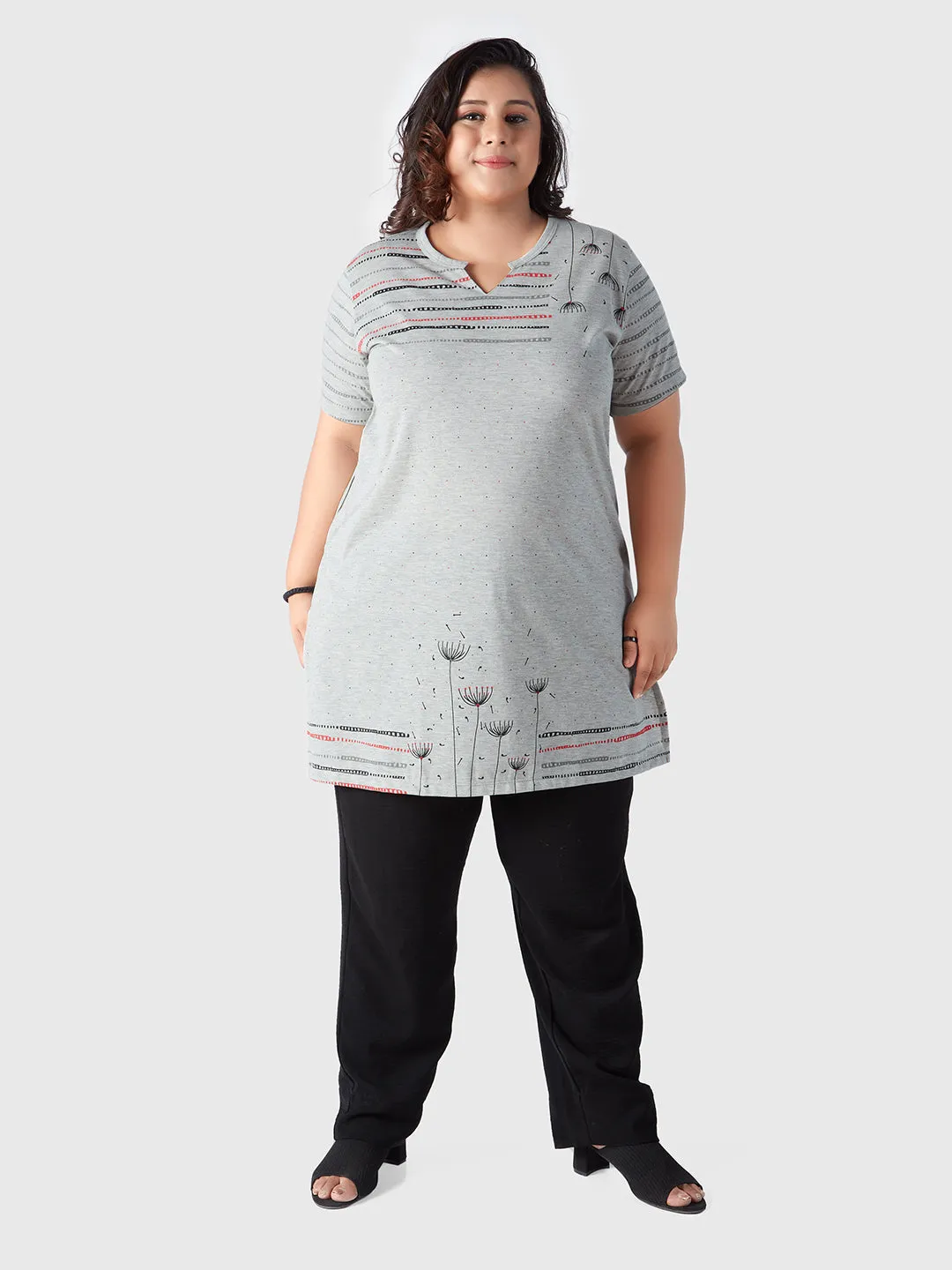 Plus Size Printed Long Tops For Women Half Sleeves - Grey