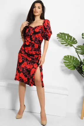 Red Black Floral Print Milkmaid Dress