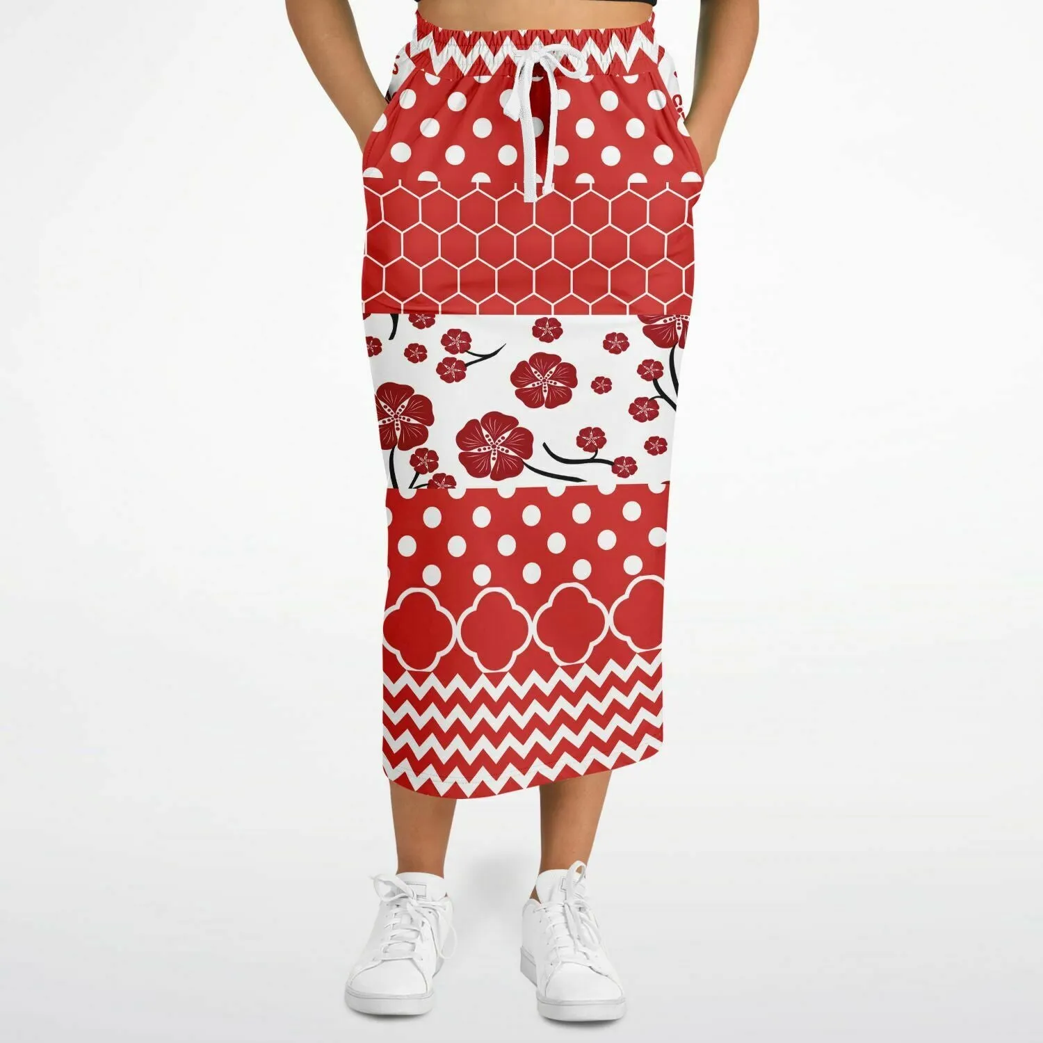 Red Crimson Eco-Poly Long Pocket Skirt