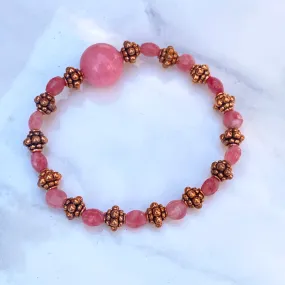 Rhodochrosite gemstone and copper stretch bracelet