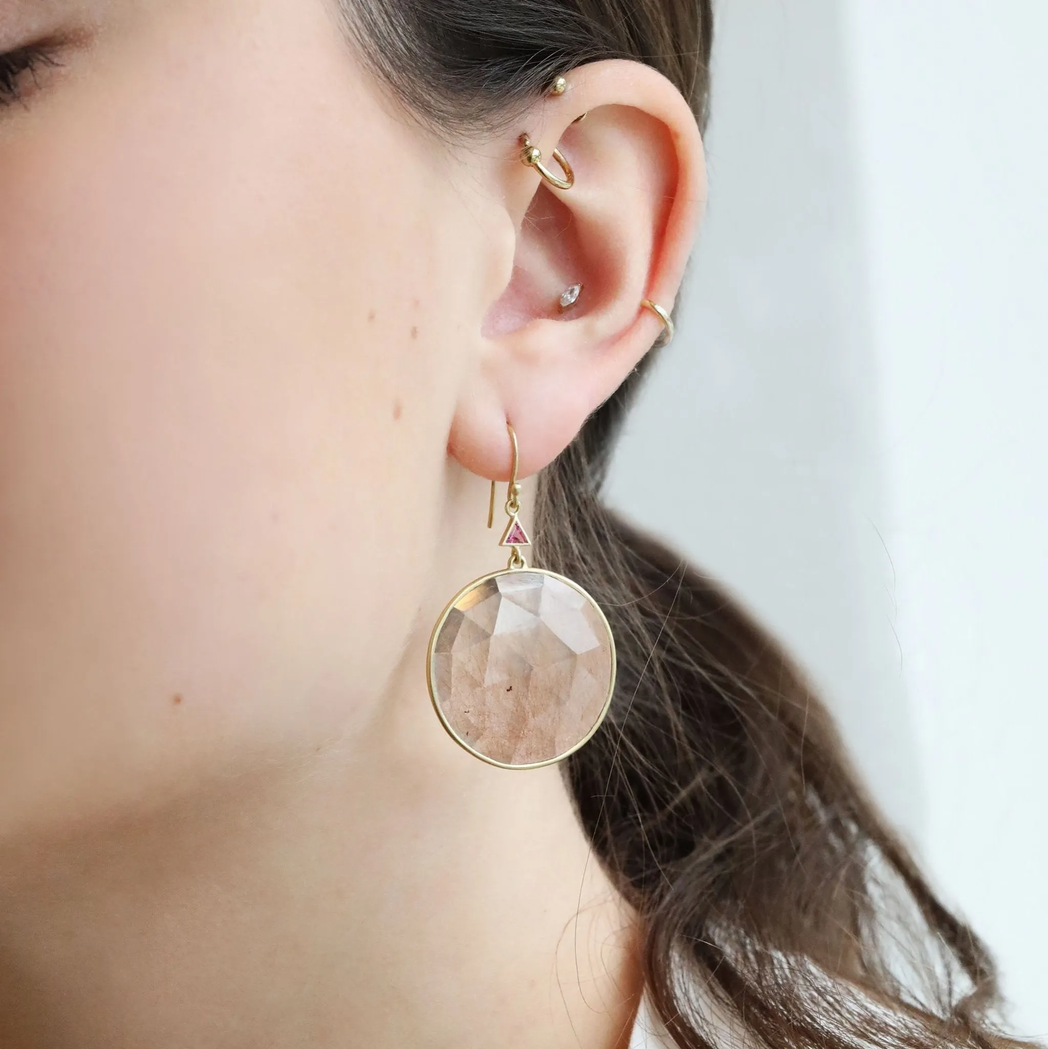 Round Rutilated Quartz Earrings with Triangular Pink Tourmalines