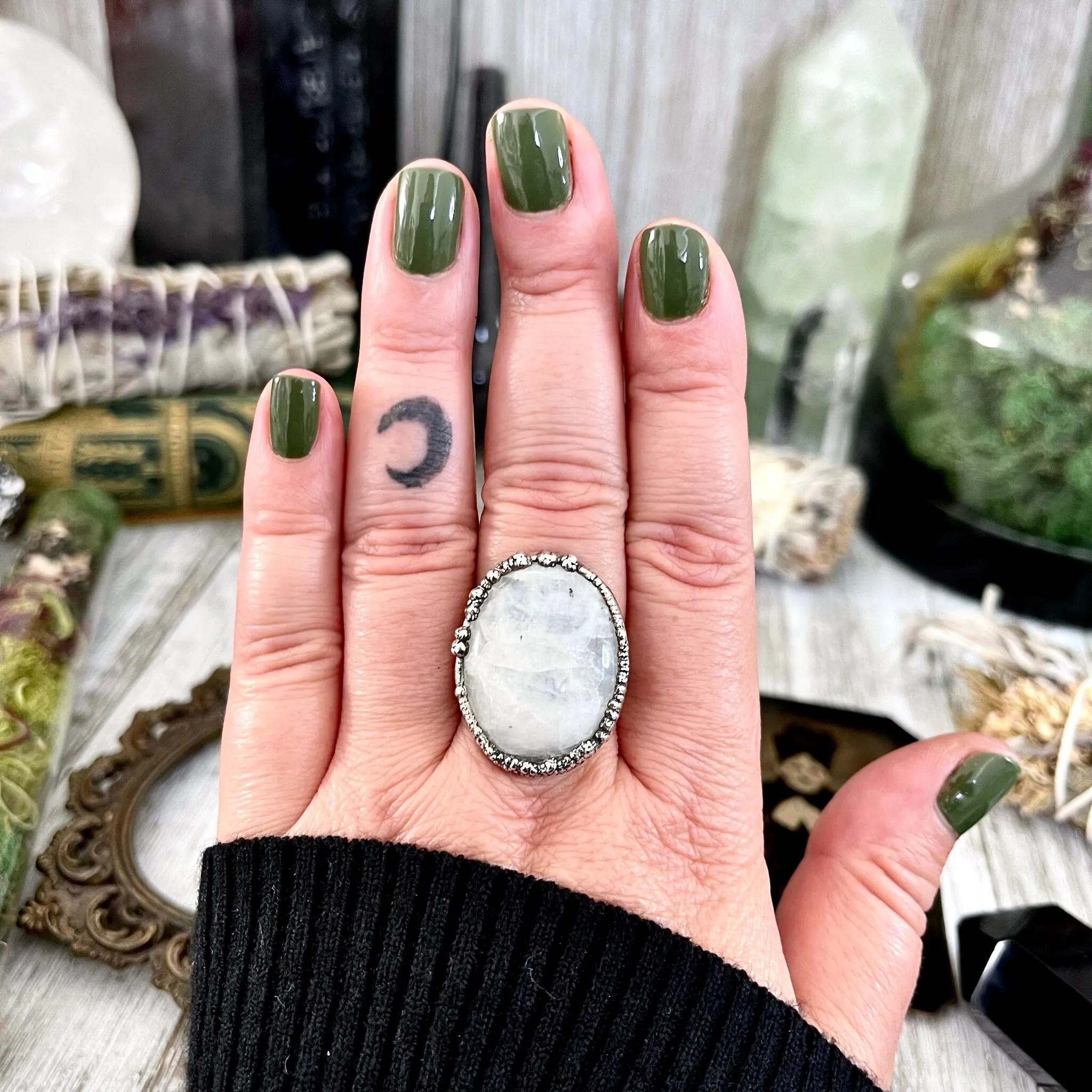 Size 8.5 Rainbow Moonstone Ring in Fine Silver / Foxlark Collection - One of a Kind /