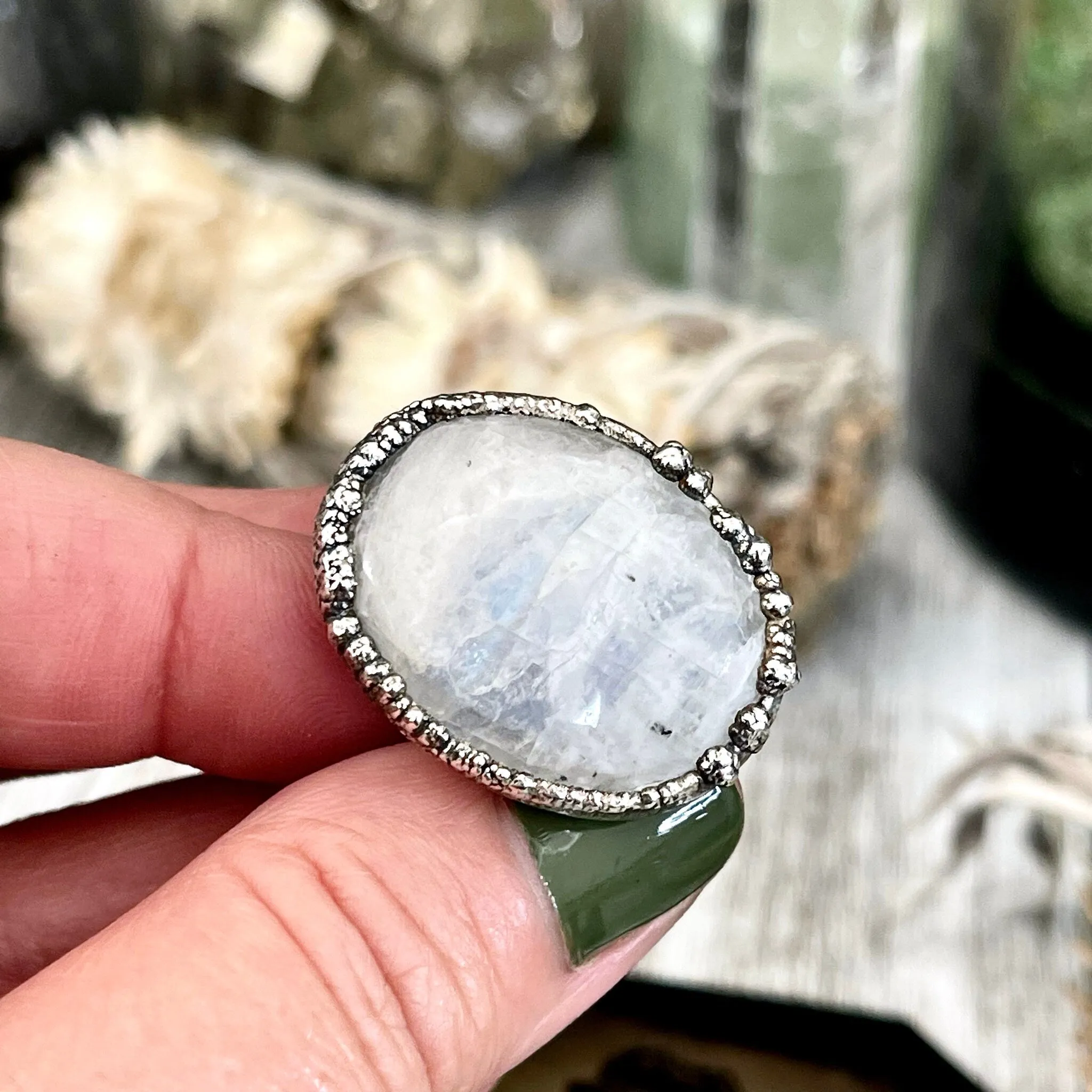 Size 8.5 Rainbow Moonstone Ring in Fine Silver / Foxlark Collection - One of a Kind /