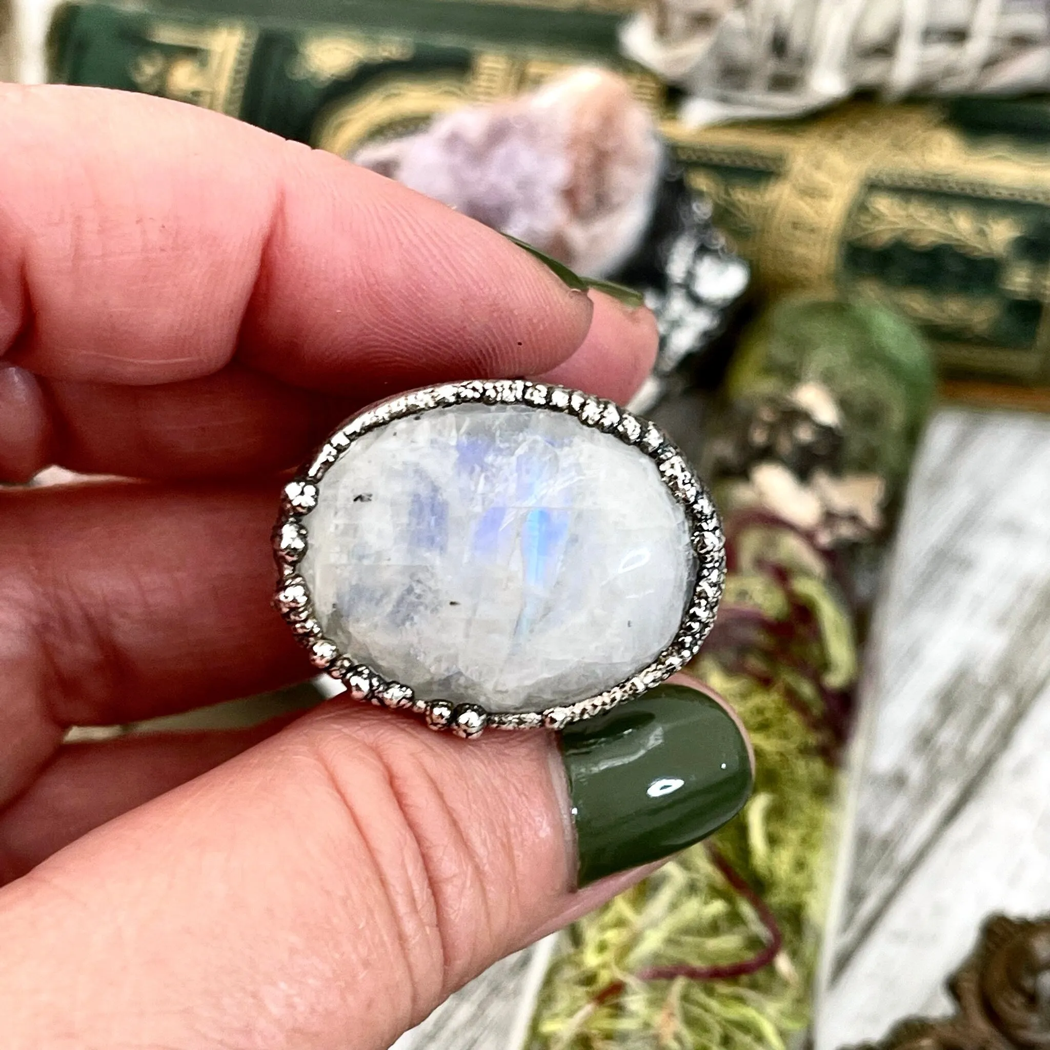 Size 8.5 Rainbow Moonstone Ring in Fine Silver / Foxlark Collection - One of a Kind /