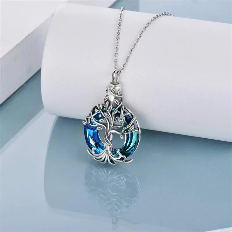 Sterling Silver Tree of Life Urn Necklace for Ashes with Circle Crystal Cremation Memorial Keepsake Jewelry