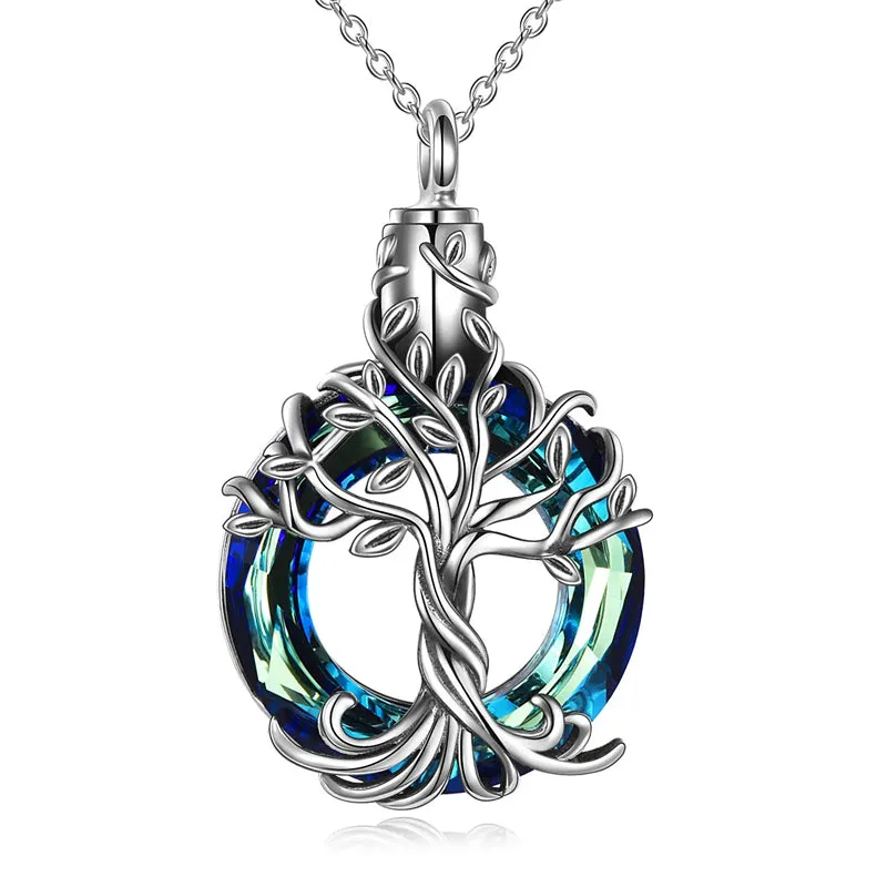 Sterling Silver Tree of Life Urn Necklace for Ashes with Circle Crystal Cremation Memorial Keepsake Jewelry