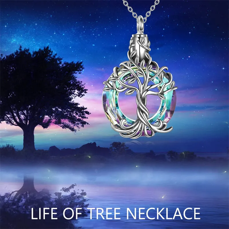 Sterling Silver Tree of Life Urn Necklace for Ashes with Circle Crystal Cremation Memorial Keepsake Jewelry