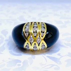 Vintage 18K Yellow Gold Black Onyx and Diamond Dome Ring