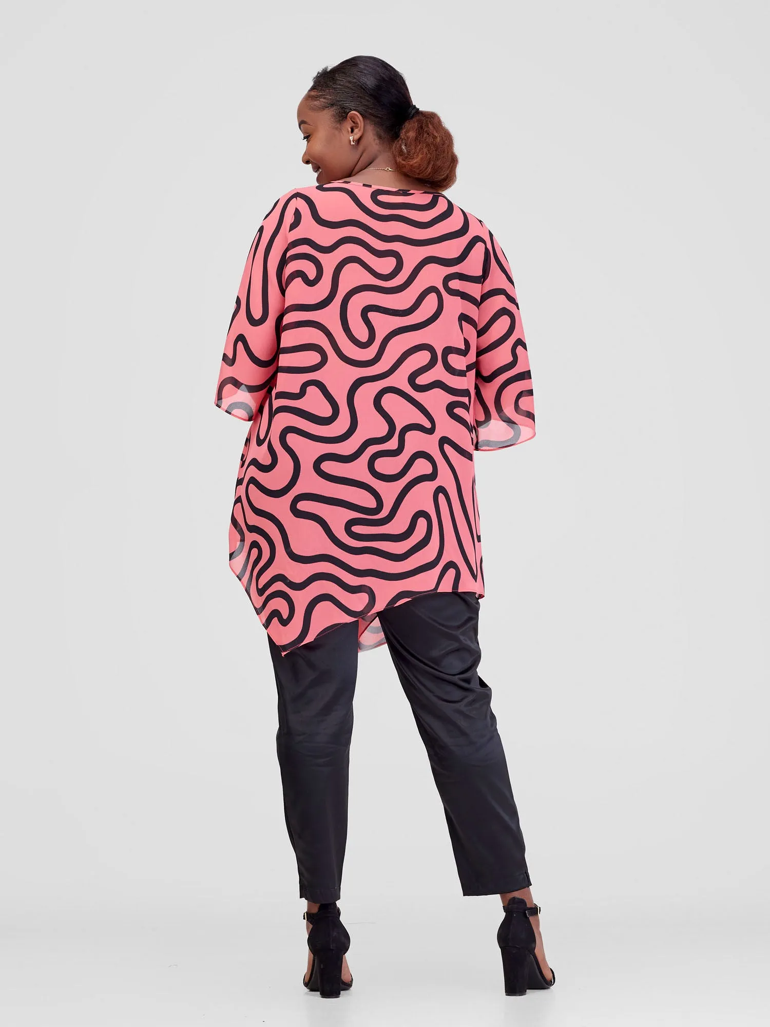 Vivo Sana Asymmetrical Angel Sleeve Top - Pink / Black Kari Print