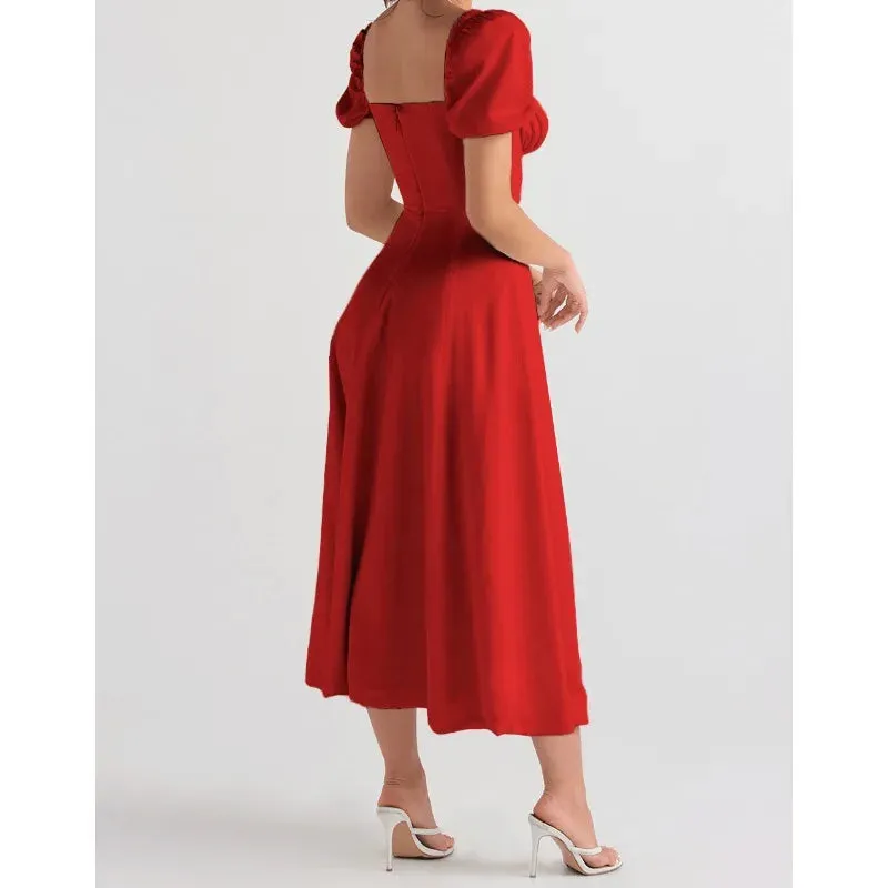 Women's New Fashion Lace Up Simple Split Dress Temperament Commuting Female Clothes Women Elegant Puff Sleeves A-line Dresses